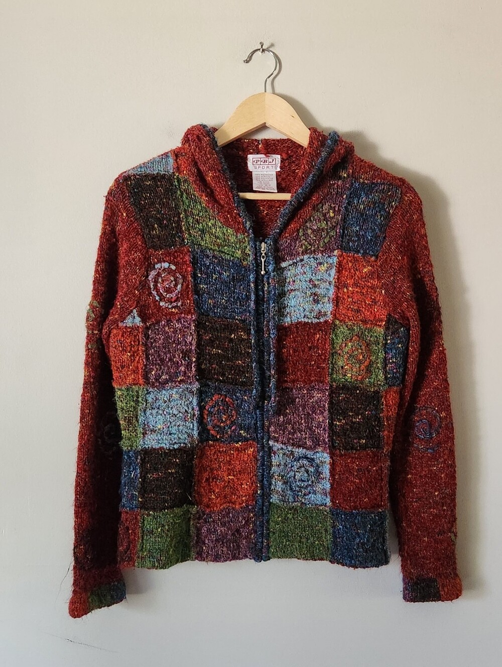 PBJ Sport Vintage Patchwork Zip-Up Hooded Sweater - Red Multi Sz S